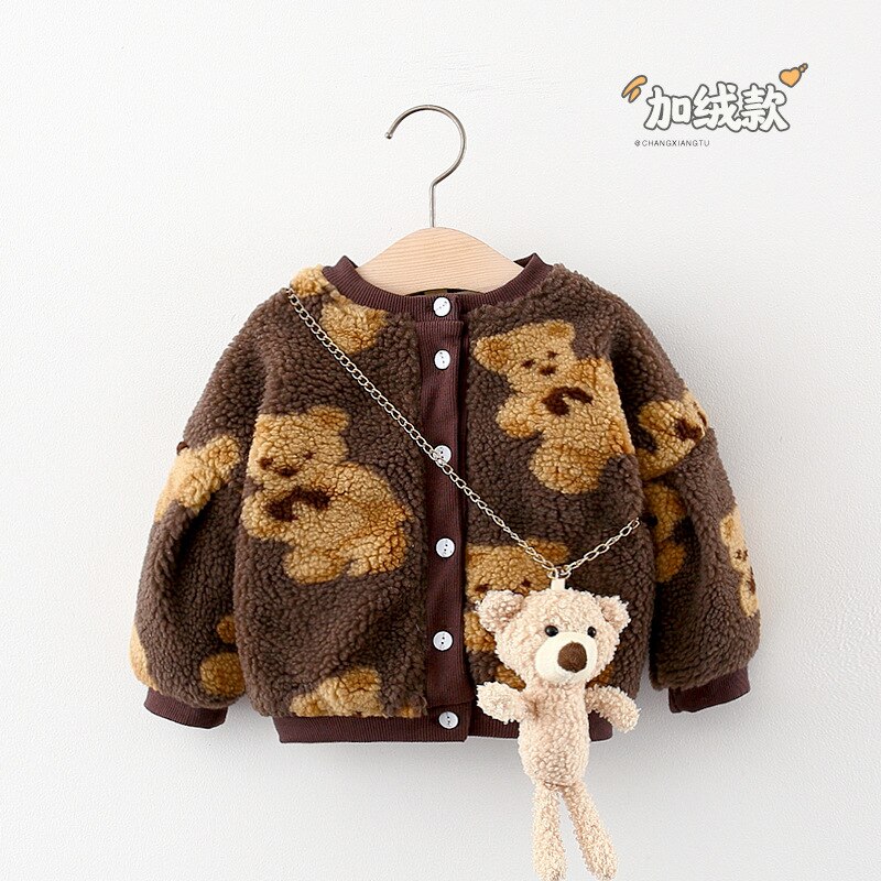 With Bear Pendant Baby Girl Jacket Winter Coat for Kids Print Cartoon Bear Plus Velvet Thick Outerwear: Camel / 110CM