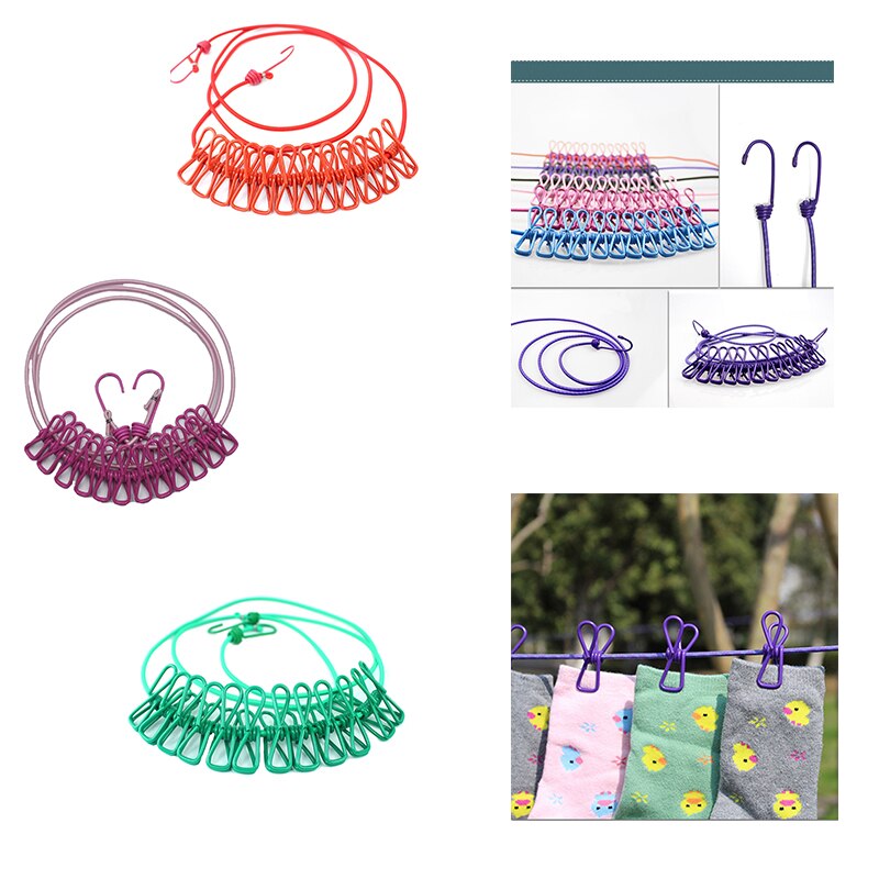 Portable Camping Clothesline Sock Line Hanging Laundry Drying Rope With 12 Clips Used on RV Boat Balcony Attached on Tree