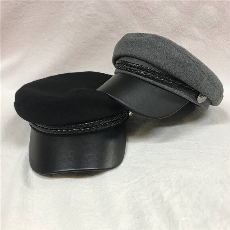 Unisex mössa enfärgad pu läder platt topp keps resa kapten keps kadett hatt vår höst hattar för vuxna
