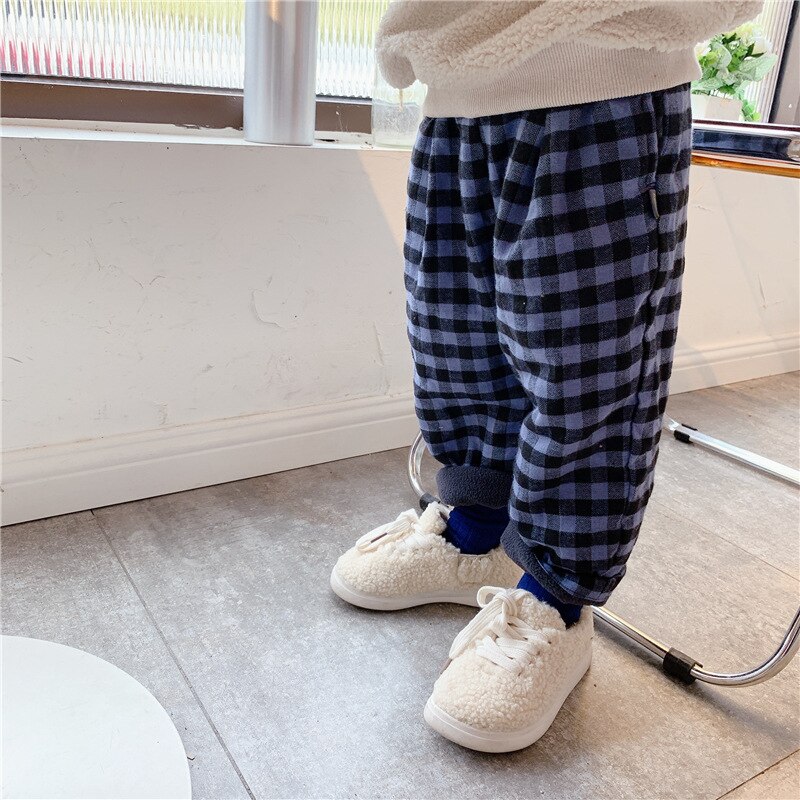 Tonårspojkar byxor barn vinter rutiga haremsbyxor hip hop stil byxor casual lösa flickor legging bomull baby byxor: Blå / 12m(80)