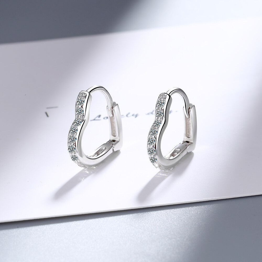 Pendientes que previenen la alergia de Plata de Ley 925 de anenjary, pendientes de aro pequeños con forma de corazón de circón para mujer S-E1069: Silver