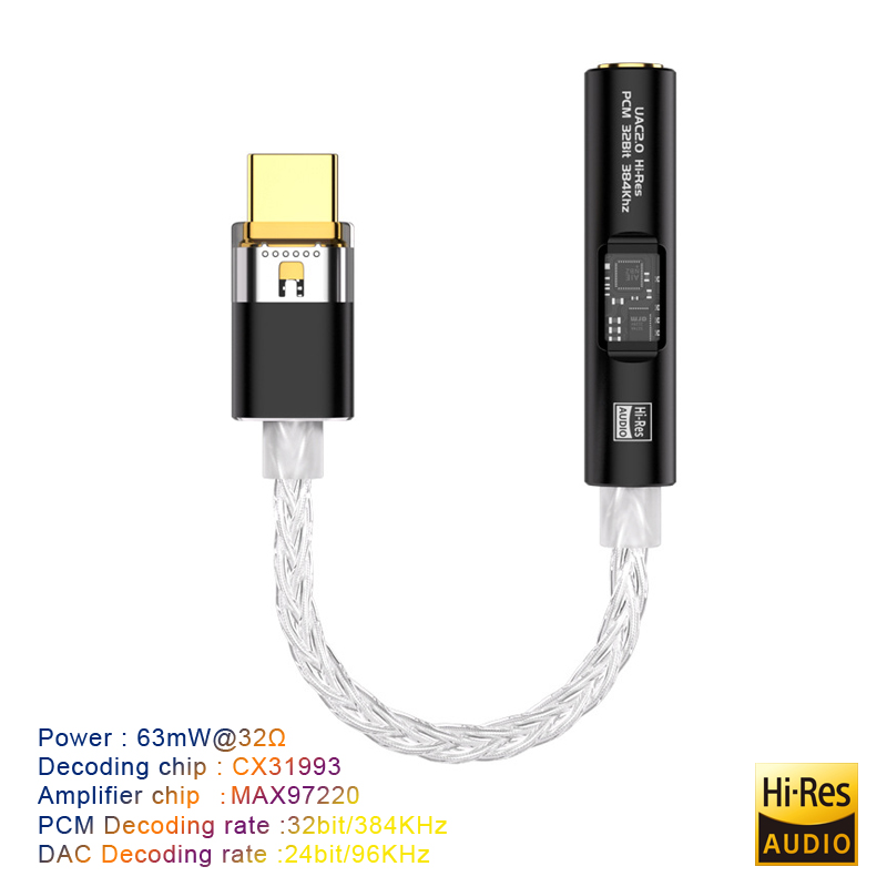 Adapter USB typu C na gniazdo 3,5 mm Wzmacniacz słuchawkowy HiFi DAC USB C Audio AUX Konwerter Dekoder CX31993 MAX97220 PCM 32Bit 384KHz: YELLOW