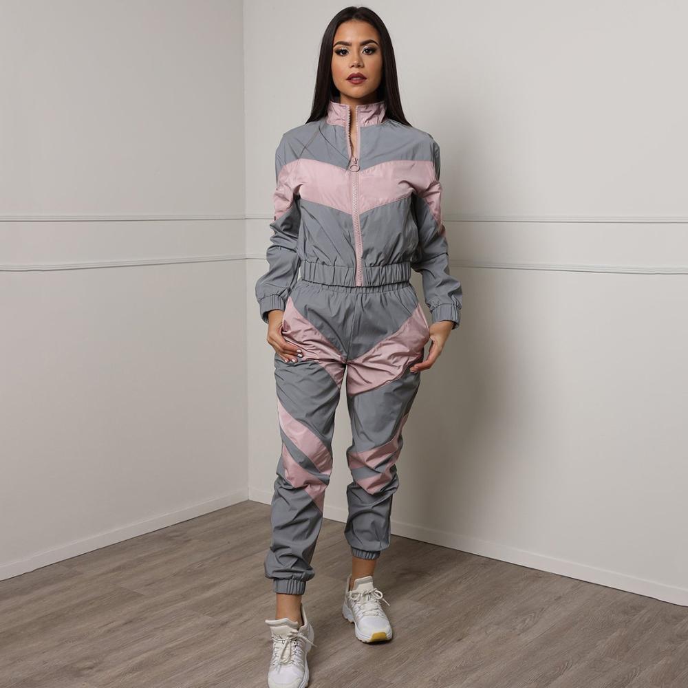 Autumn High Streetwear Reflective Clothing Casual Ladies Trendy Luminous Turndown Collar Jacket And Long Pants