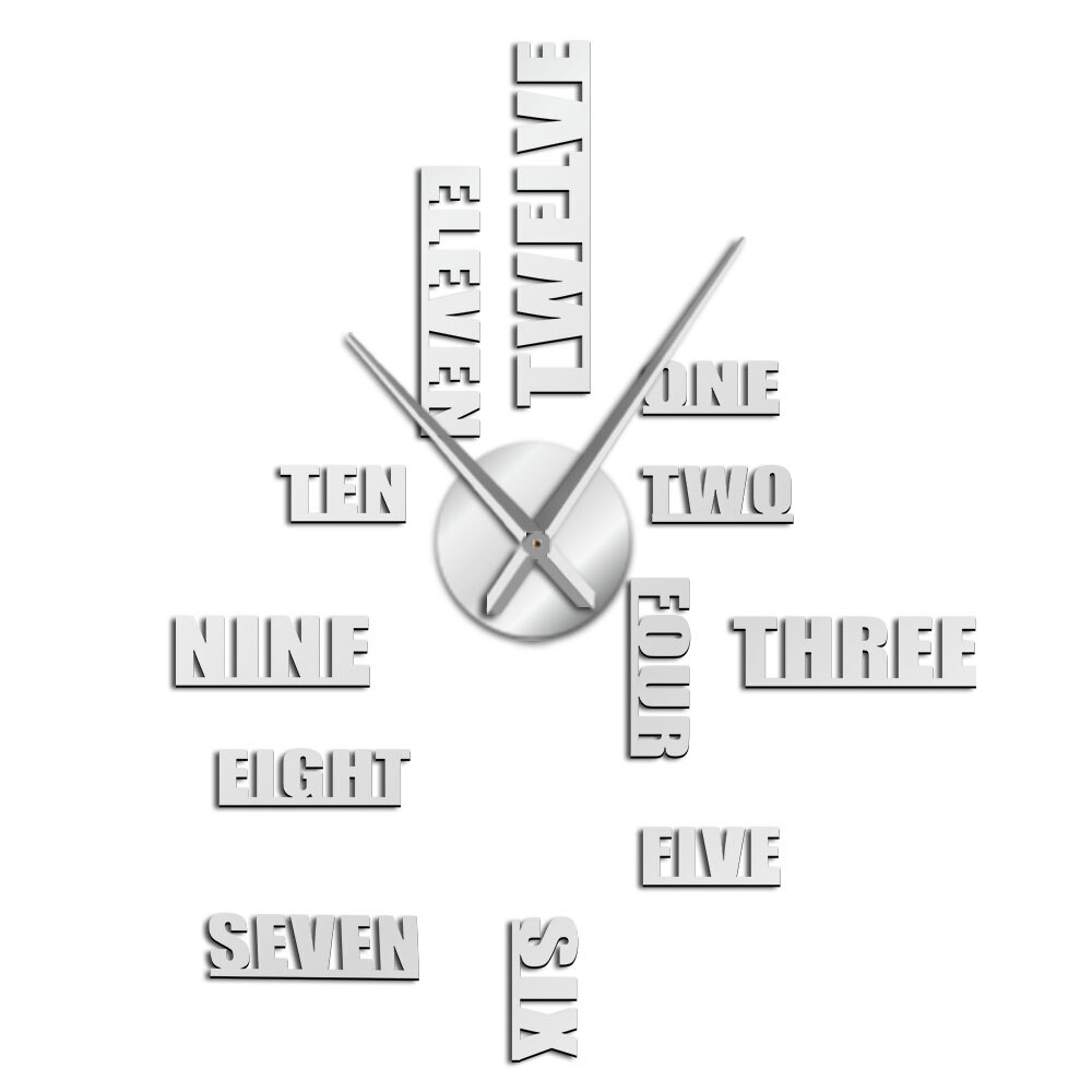 DIY English Letter Number Wall Clock Modern 3D Sticker Frameless DIY Giant Wall Clock Simple Quiet Sweep Wall Watch Decor: Silver / 37inch