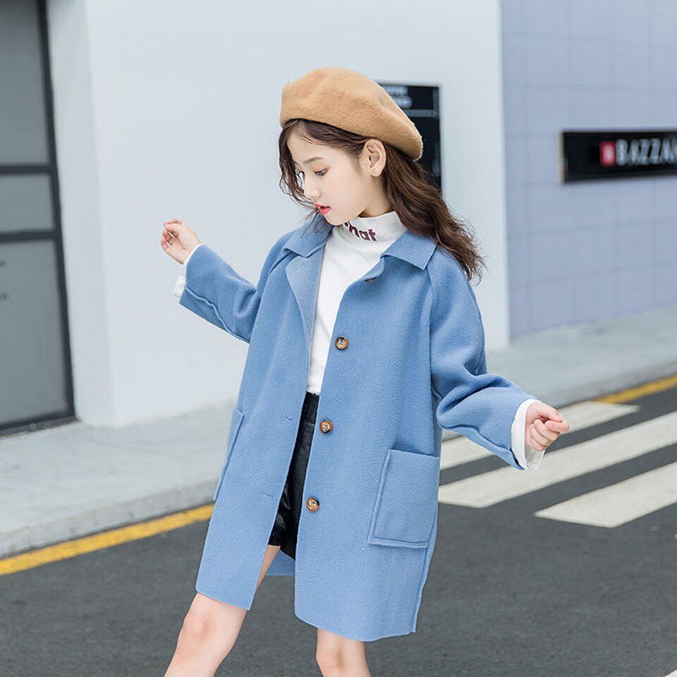 Kinderwinterwollen jassen voor tienermeisjes effen lange wollen jassen meisjes bovenkleding meisjeskleding parka voor meisjes