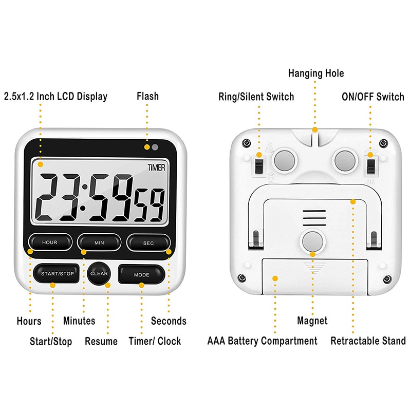 Digital køkkenur med lydløs / høj alarm tænd / sluk-knap , 12 timers ur og alarm, hukommelsesfunktion tæller op og tæller ned fo