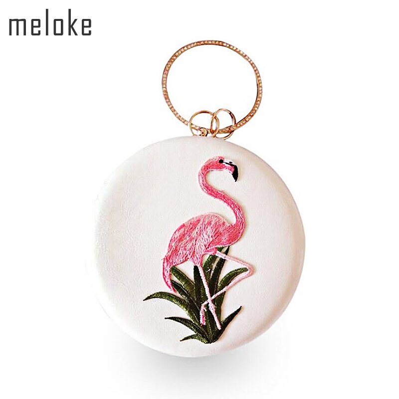 Stijl Flamingo Borduurwerk Avond Clutch Bags Ronde Vormige Avondtassen Met Ketting Bruiloft Tas