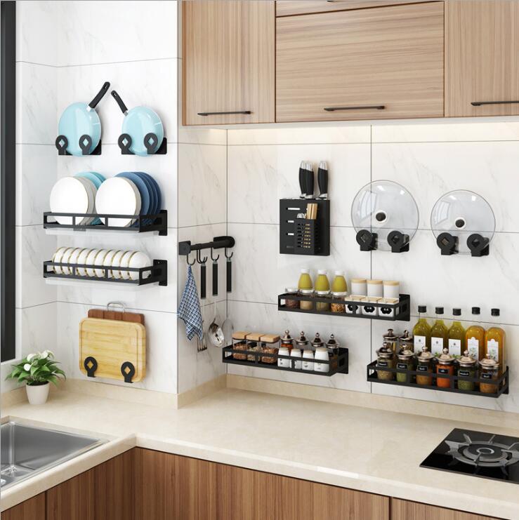 Stainless steel kitchen rack wall-mounted dish rack dish rack free perforated seasoning rack knife rack pot cover rack