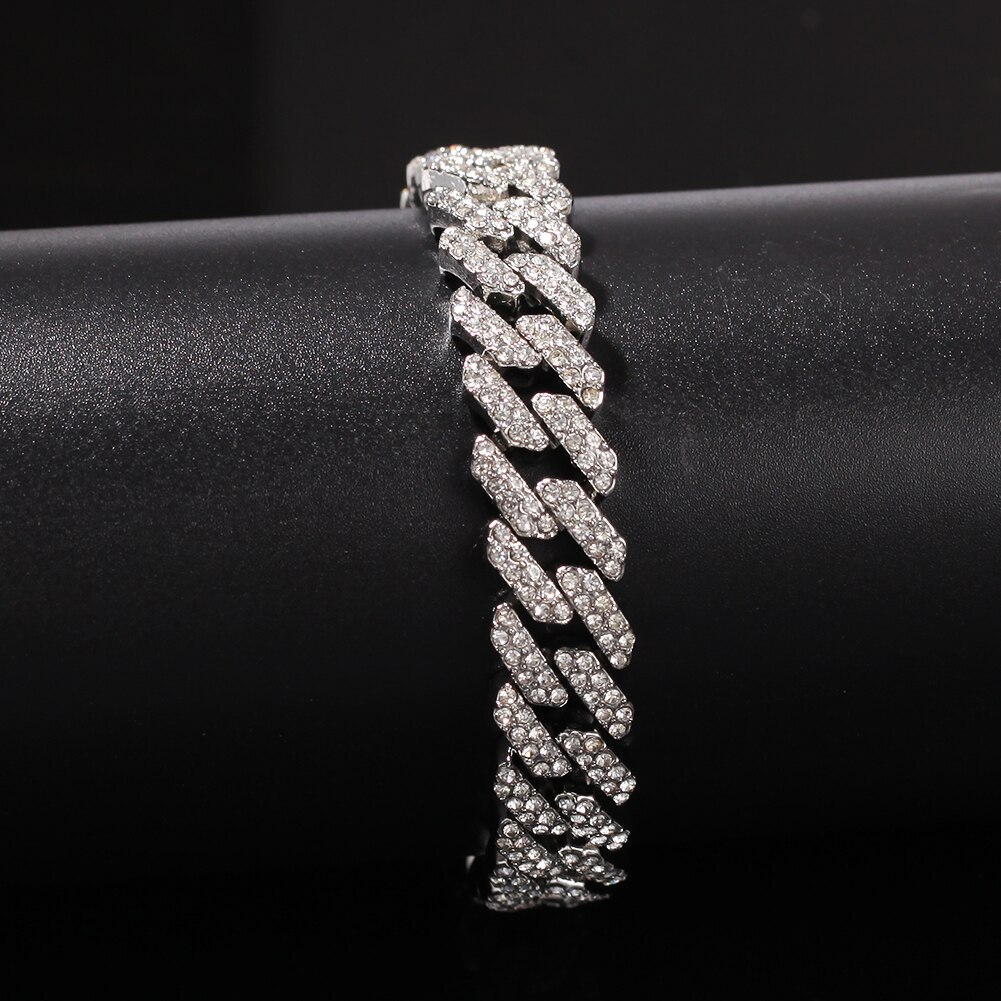 THE BLING KING 12mm Bling S-Link Miami Cuban Bracelets Gold Color Full Iced Rhinestones Hiphop Mens Bracelet Jewelry