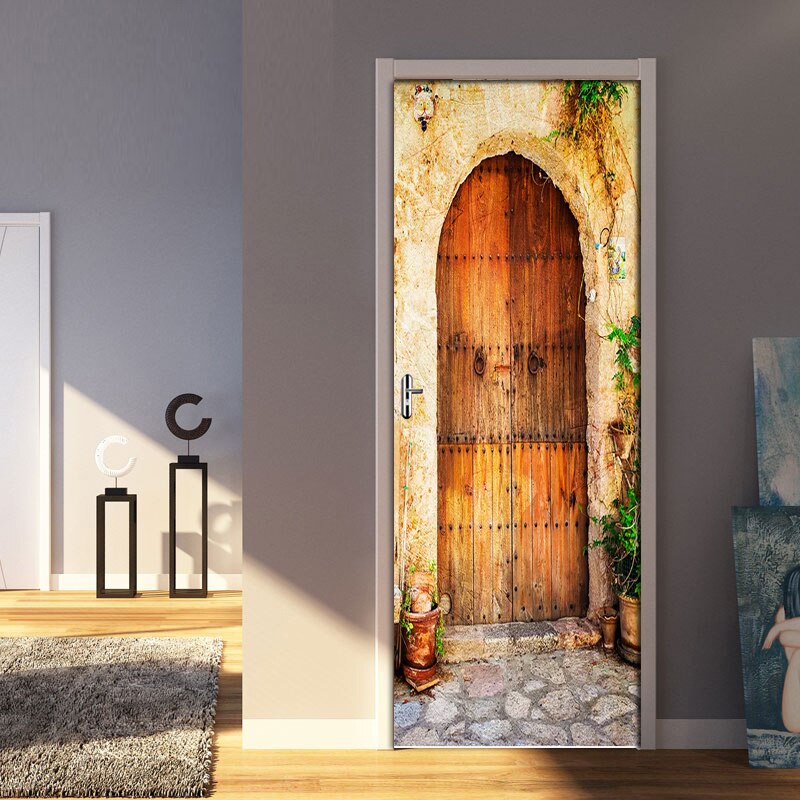 Pvc Self Adhesive Door Sticker Retro Street Wood Door 3D Sliding Door Wallpaper Living Room Bedroom Home Decorative Wall Sticker