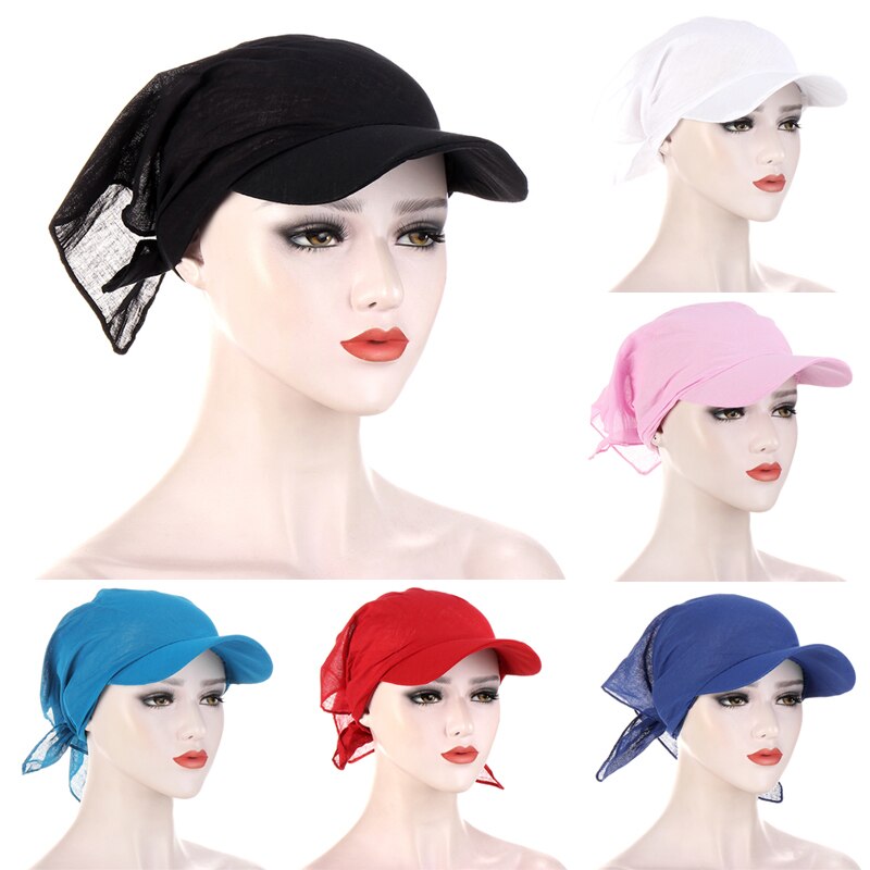1PC Women Durag Brim Cap Sun Visor with Pre-Tied Turban Caps Head Scarf Hijab Pure Color Muslim Beach Vacation Outdoor
