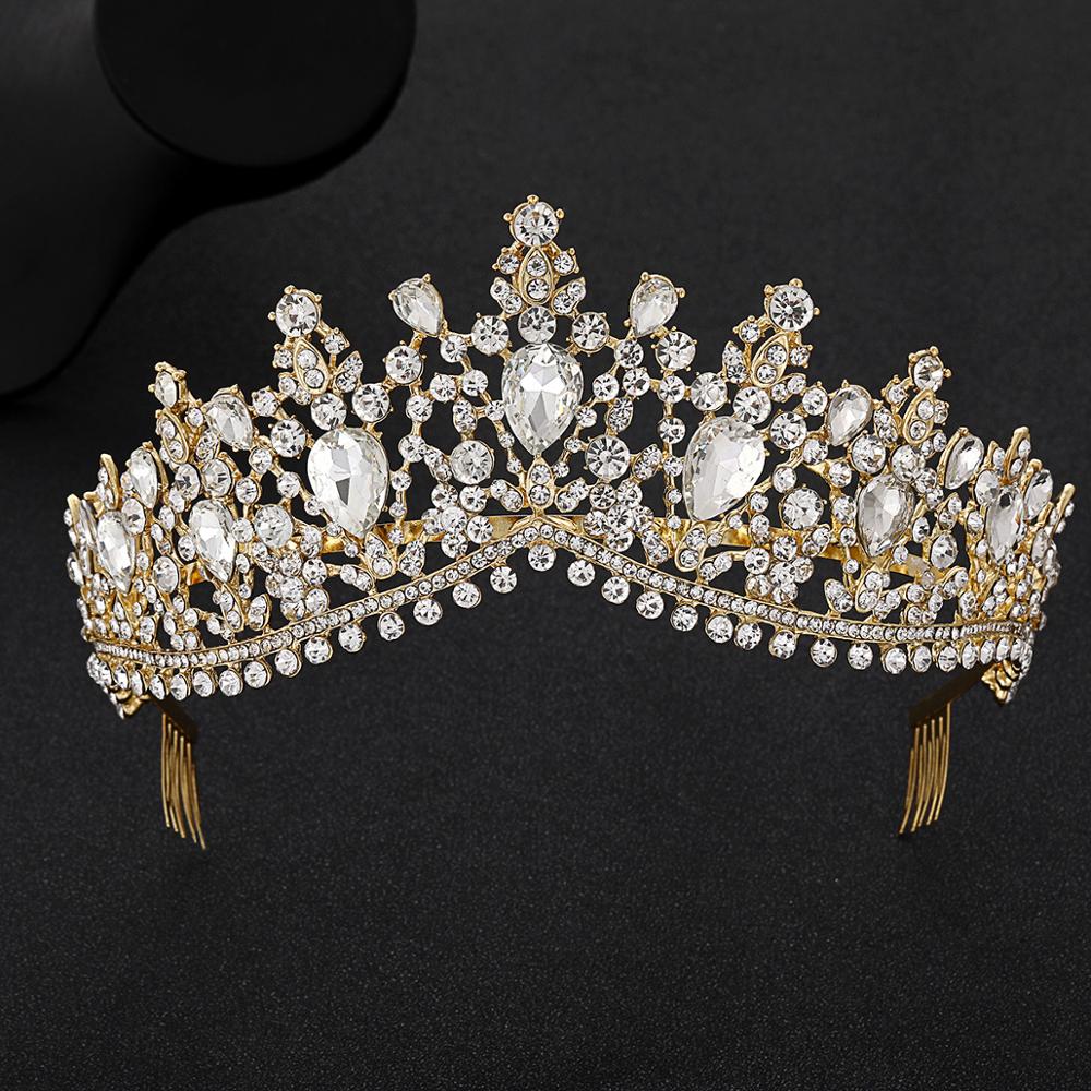 Di lusso Con Strass Diademi Nuziali Crown Barocco Argento Placcato di Cristallo Diadema per la Sposa Fasce di Cerimonia Nuziale Dei Monili Dei Capelli Accessori: Gold With Comb