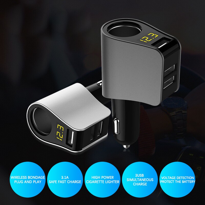 DC 12V Car Cigarette Lighter Adapter 2 Way Double Plug Socket Charger Splitter With Digital Display Voltage
