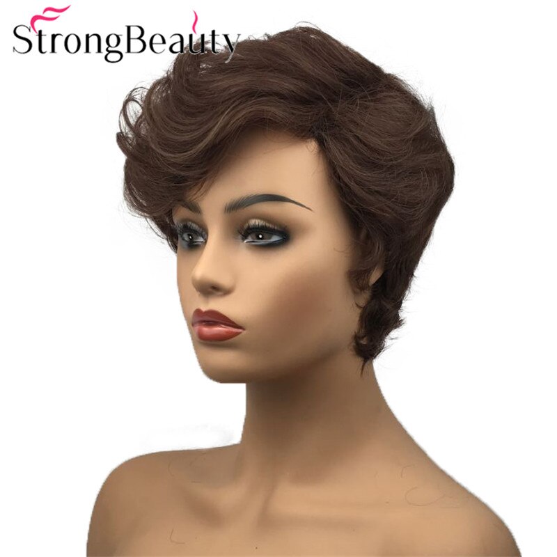 StrongBeauty Short Women Synthetic Capless Wig Pixie Cut Hair Asymmetrical Side Bang Short Curly Wigs