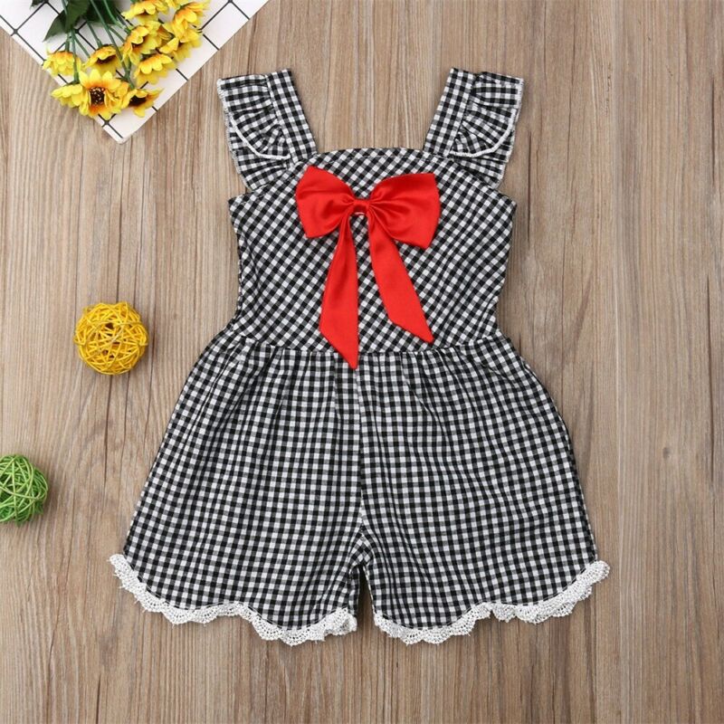 Barn bebis flicka rutig overall ärmlös rosett jumpsuit i ett stycke playsuit shorts sommarkläder outfit soldräkt 1-6t