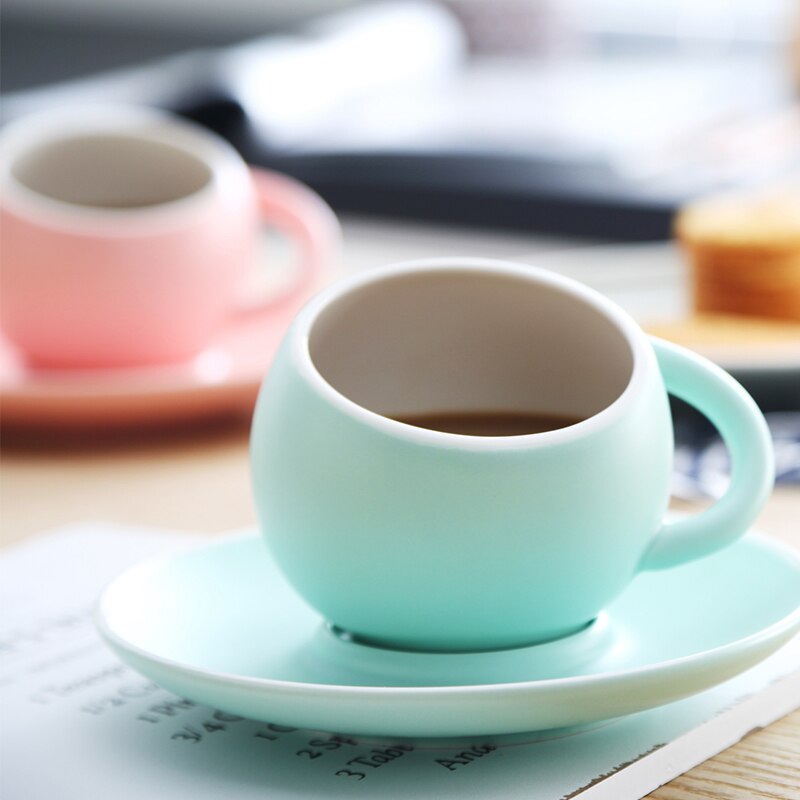 Taza de café esférica y platillos de cerámica para el hogar, tazas de té de porcelana de Color sólido mate hechas a mano, de para beber en el hogar
