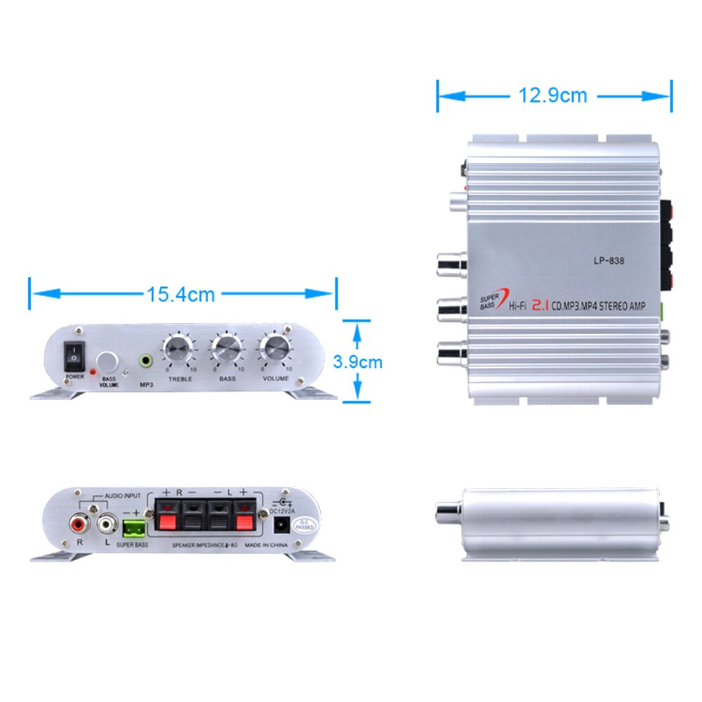 Mini Lepy LP-838 Car 3 Channel Amplifier Stereo Mega Bass 12V Hi-Fi Connect With Phone PC DVD Player MP3 MP4 Portable Subwoofer