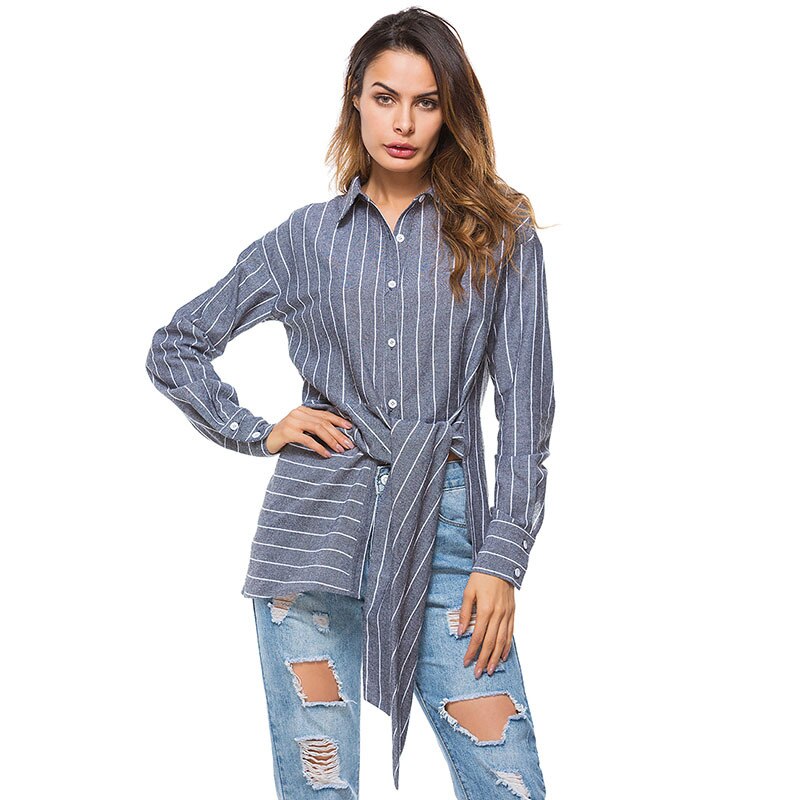 Las mujeres blusa de rayas camisa túnica blusa solapa de manga larga de rayas camisas Tops de oficina de mujer Blusas Camisa larga para las mujeres