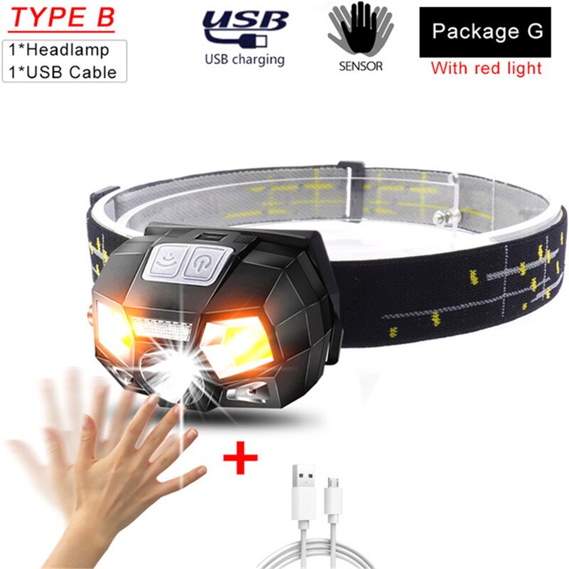 Meest Krachtige Led Koplamp T6 + Cob Led Oplaadbare Body Motion Sensor Zaklamp Head Light Fakkel Lamp Met Usb Camping vis