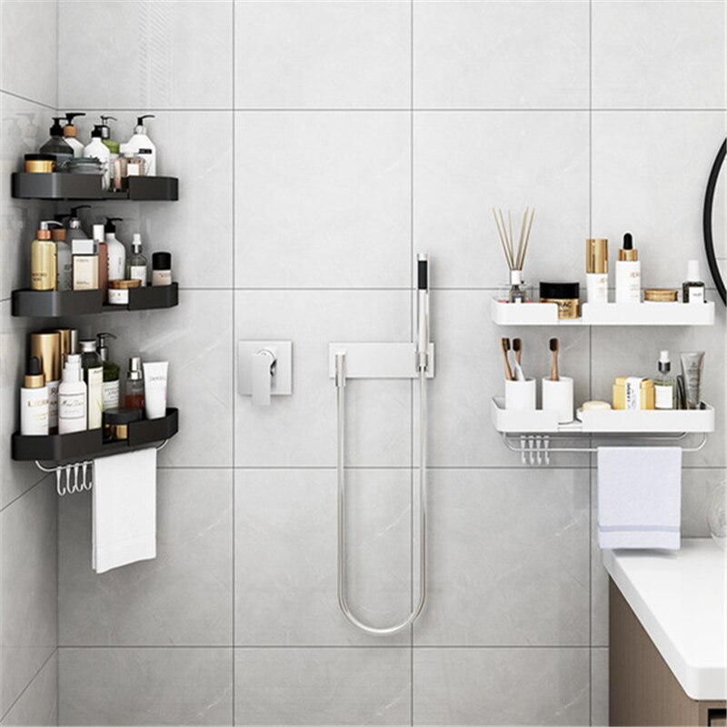 Væghængt hjørneopbevaringsstativ sort badeværelseshylde bruseopbevaring trekanthylder håndklædestang badeværelsestilbehør