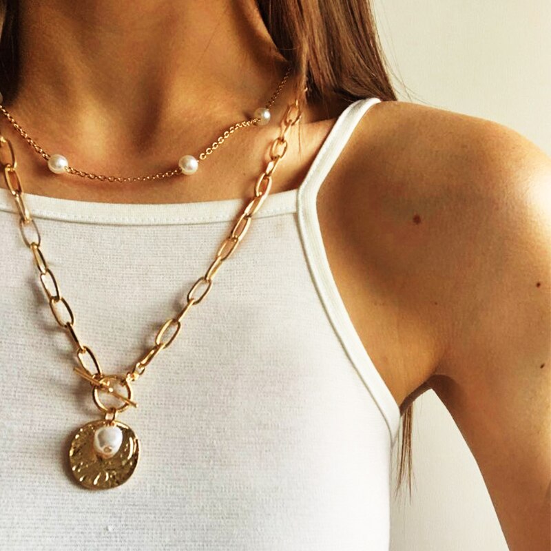 IPARAM Bohemian Multilayer Thick Chain Pendant Necklace Pearl Coin Geometric OT Buckle Necklace Jewelry