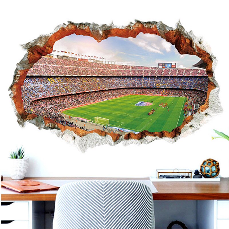 Broken wall 3d Soccer field Wall Stickers for kids baby rooms bedroom home decoration mural poster football sticker art