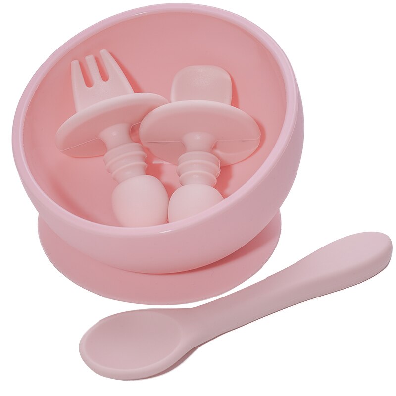 4 stk sæt baby bordservice børns bærbare mini gaffel ske lille skål plade og silikone ske børn: Lyserød