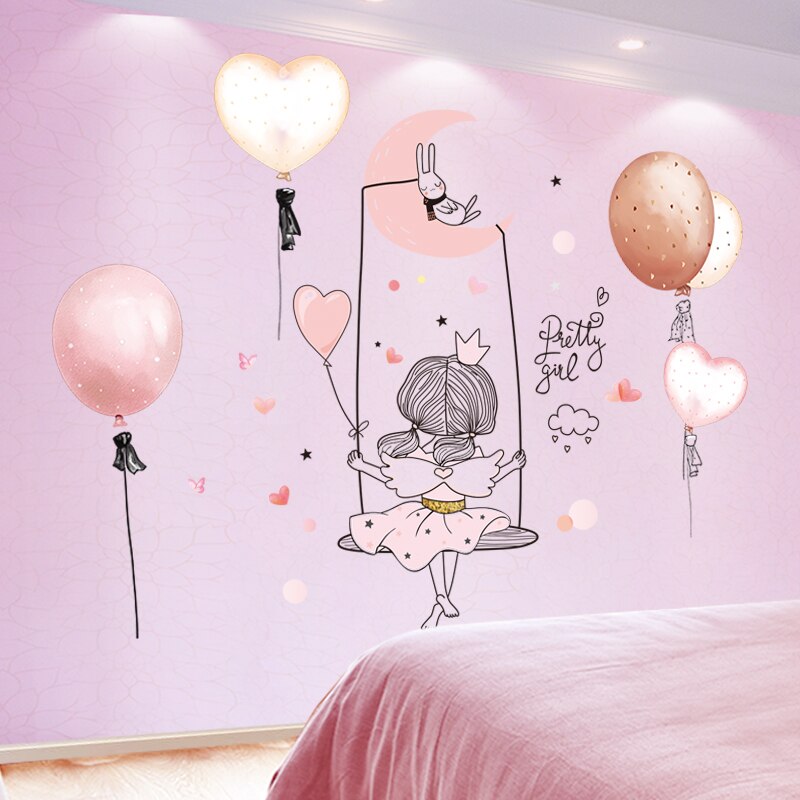 SHIJUEHEZI-pegatinas de pared de bailarinas para niña, globos de dibujos animados artesanales, calcomanías de pared para habitación de niños, dormitorio de bebé, Decoración de casa: balloons and girl 2