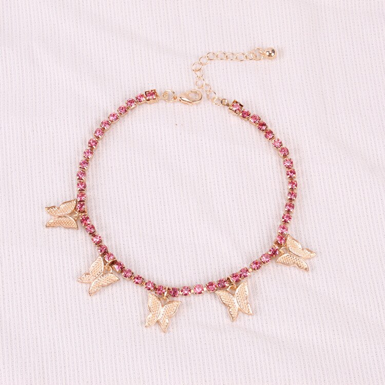 Gouden Vlinder Enkelbandje Tennis Rhinestone Enkelband Boho Sieraden Voor Vrouwen Sliver Kleur Crystal Armbanden Enkelband Beach Voet Been Keten: HJ042G-pink