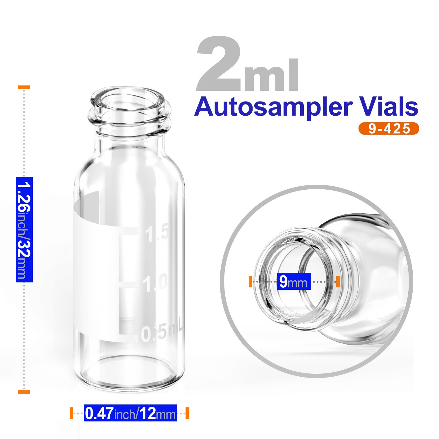 Autosampler 2ml hplc 9-425 klare glas hætteglasflasker med skrive-på plet og 9mm abs skruelåg , 100 stk fra ks-tek