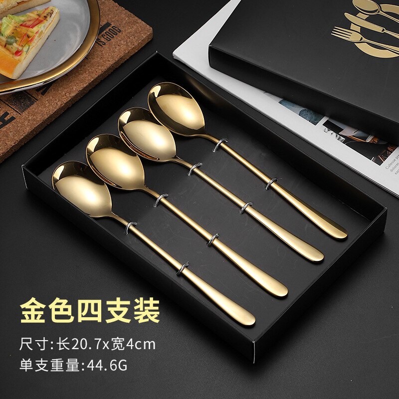4Pcs Colorful Spoons Set Mirror Cutlery Set 304 Stainless Cutlery Set Spoon Silverware Set Box: Gold Set