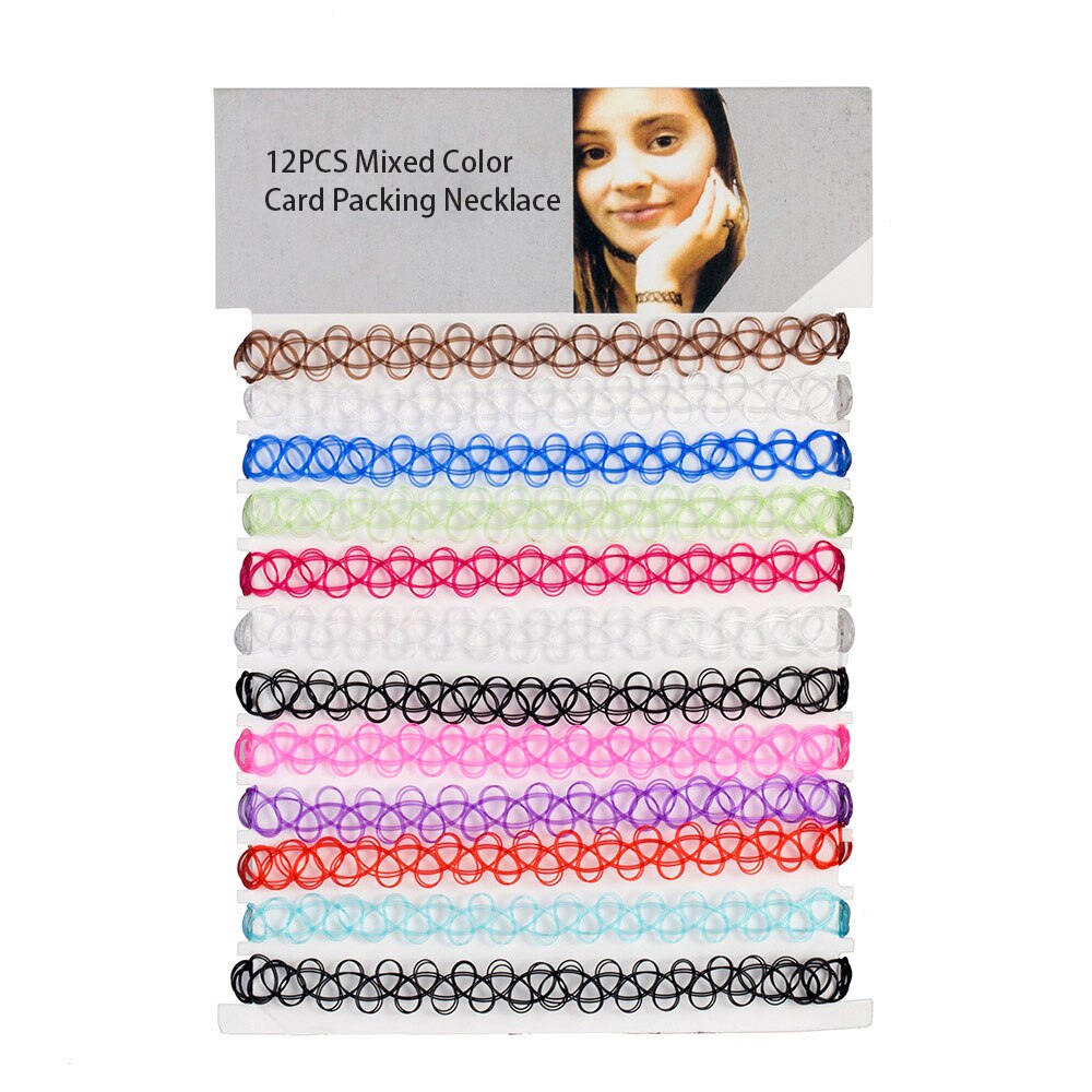 12 stk vintage hippy stretch tatovering choker halskæde elastisk chocker halskæde fiskeline tatoverings halskæde: Flerfarvet