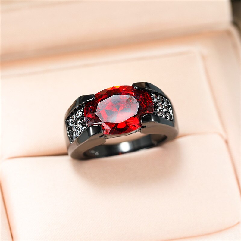 Fascino Maschile Femminile Rosso Anello di Pietra Ovale dell'annata Delle Donne Degli Uomini Oro Nero Da Sposa Anelli di Promessa di Amore solitario Anello di Fidanzamento