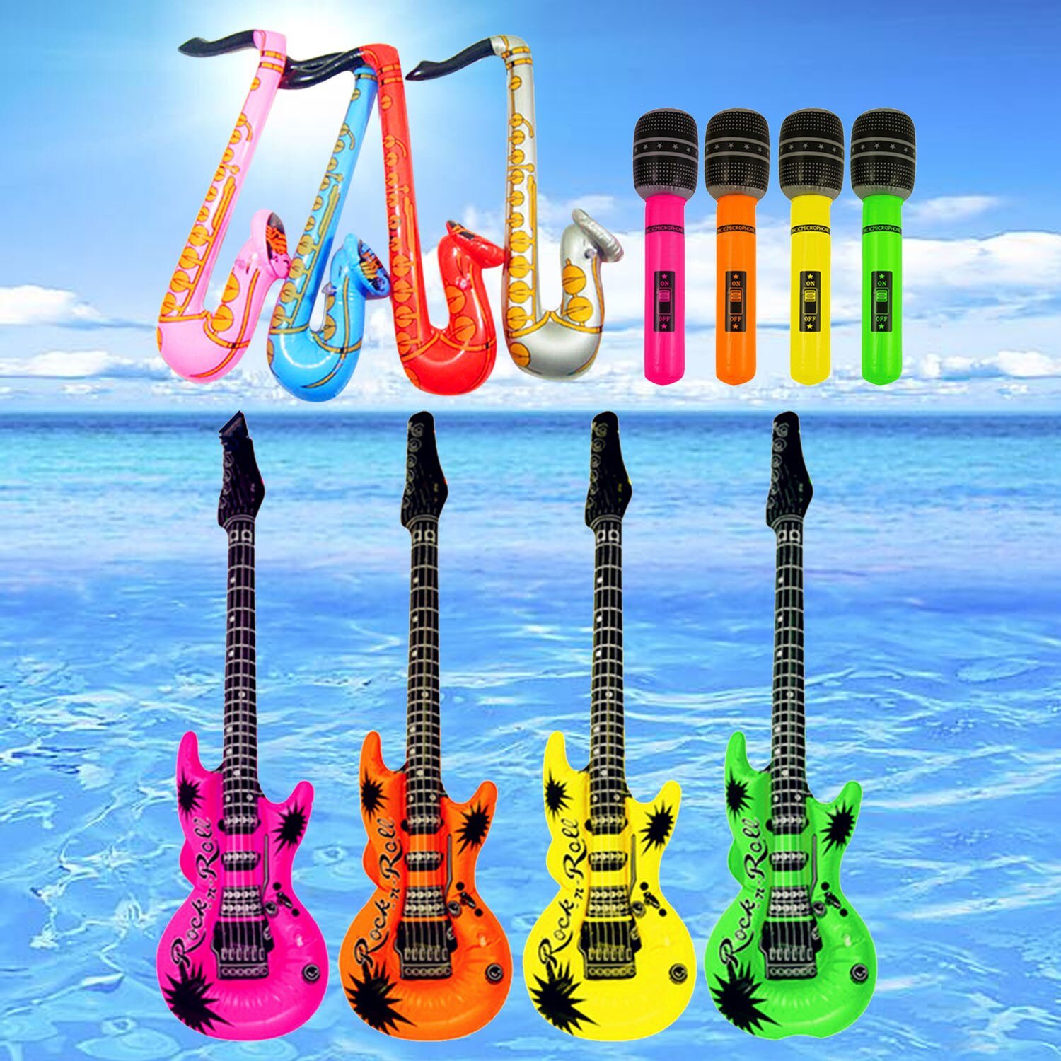 12 stuks muziekinstrument Speelgoed Opblaasbare Gitaar Saxofoon Microfoon Musical Speelgoed voor Zwembad Party Baby Decor Schieten Prop