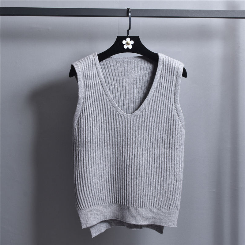 Strikket vest med v-hals, koreansk stil ensfarvet vest til kvinder løs vest stribet slim sweater frakke: Grå