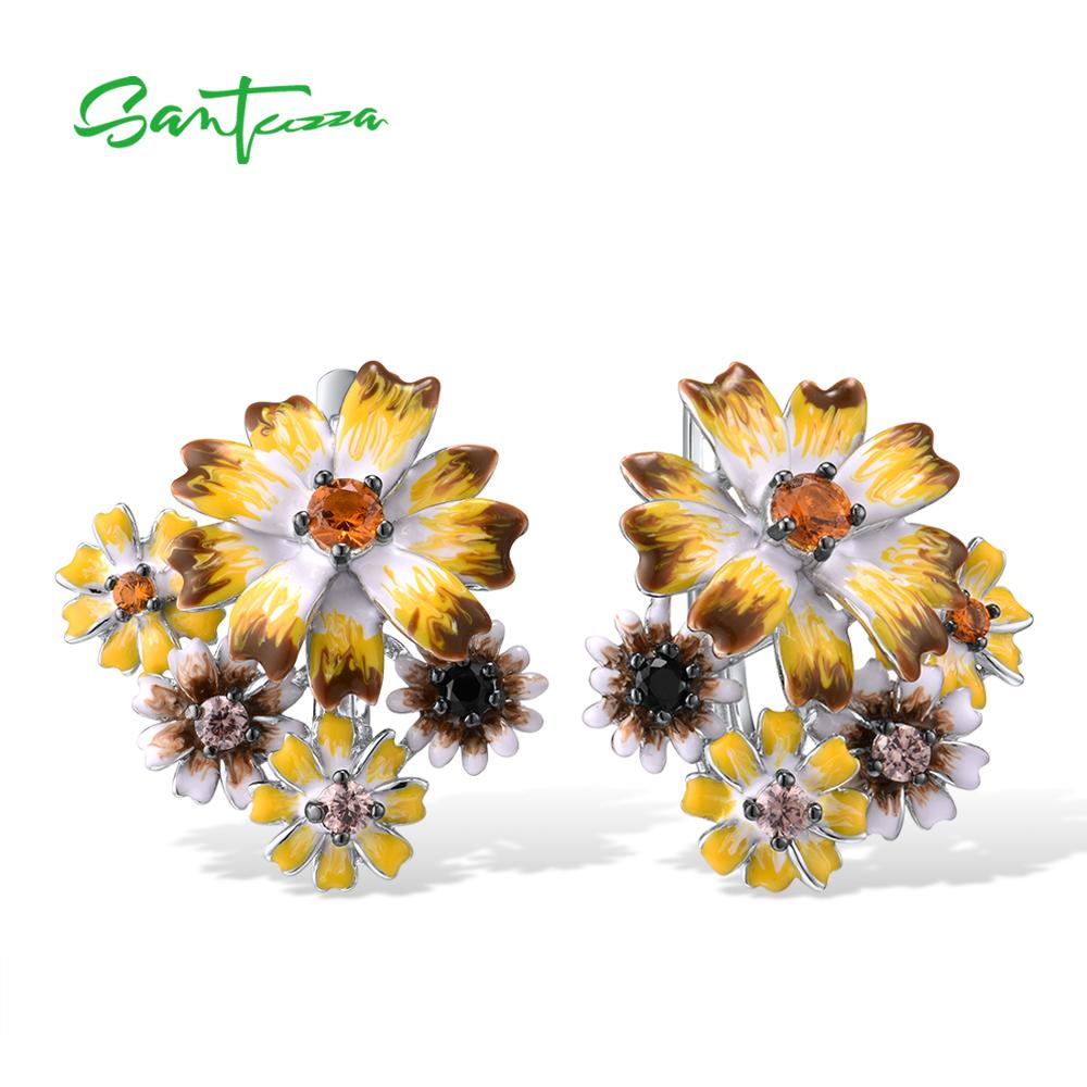 SANTUZZA Silver Jewelry Set for Women 925 Sterling Silver Yellow Flowers Earrings Ring Set Fine Jewelry Handmade Enamel