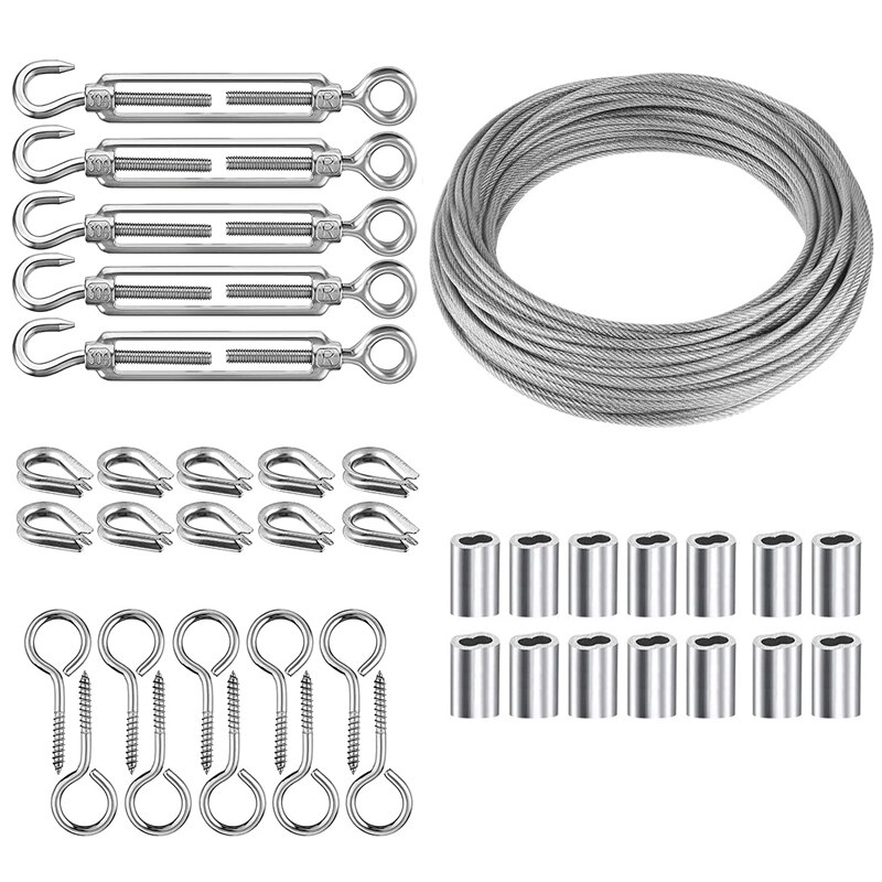 40PCS Wire Rope Cable Hooks Cord Hanging Kit With Turnbuckle Wire Tensioner For Wire Tent Railing Decking Plants Fence
