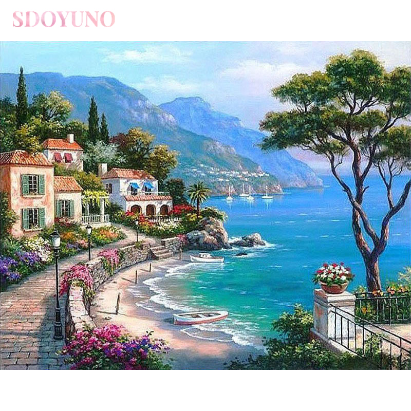 SDOYUNO DIY painting by numbers kits with frame for adults oil Mediterranean seascape acrylic paint set HandPainted home decor: 40x50cm No Frame
