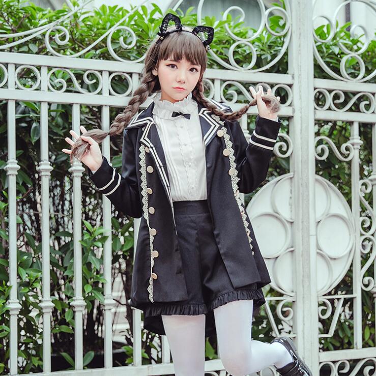 Japansk collegestil vintage dubbelknäppt spets slagslag svala svans trench lolita kappa långärmad skjorta shorts kostym loli cos