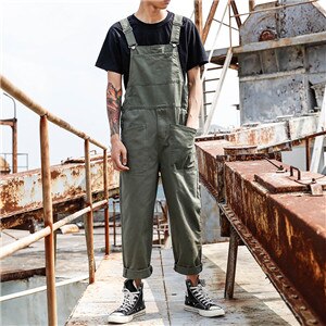 Punk stil herr lös overall jumpsuit herr one piece jumpsuit hip hop hängselbyxor man casual overall stora fickor byxor: Armégrön / Xxxl