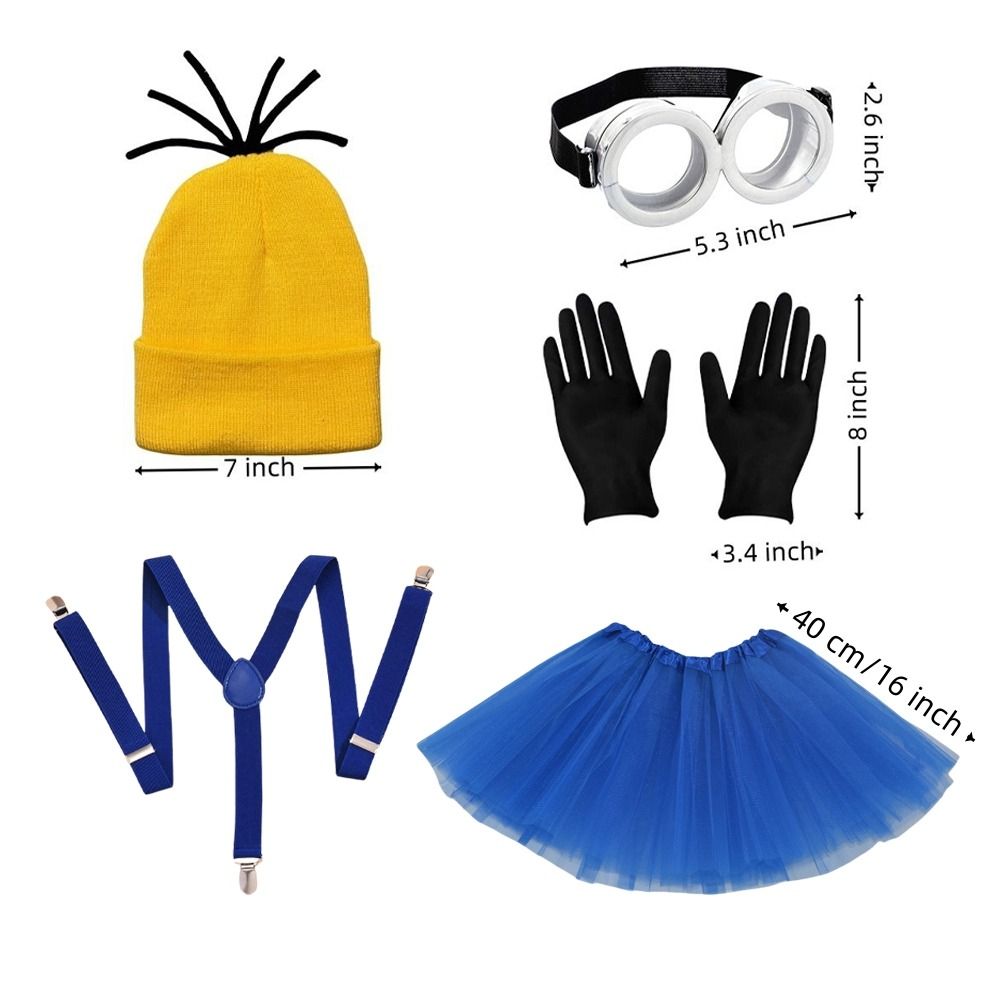 Accesorios de disfraz de Halloween para hombres y mujeres, conjunto de Minions para de Cosplay, gorros amarillos, vestido azul, guantes negros para adultos, 3 piezas/5 piezas