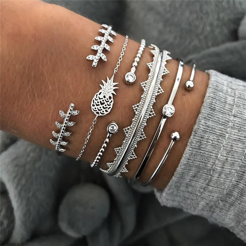 Woozu 6Pcs/set Bohemian Silver Color Pineapple Crystal Opal Open Bracelet Set For Women Punk Boho Beach Bangle Jewelry: Default Title