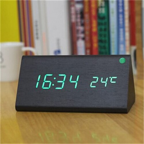 triangular wooden clock,sound control,thermometer,4 color LED display,digital desktop bedroom alarm clock on desk: black clock green