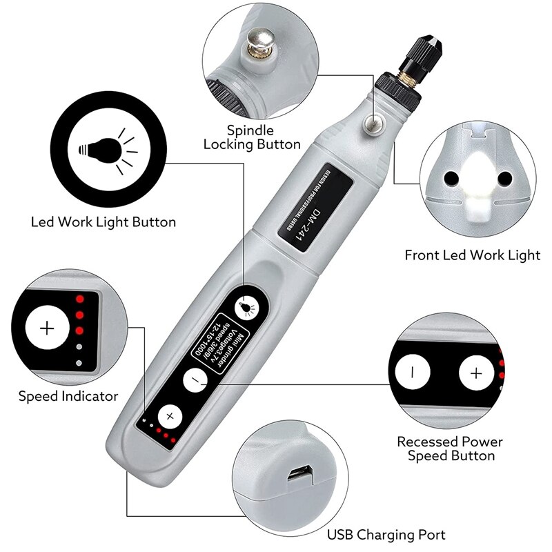 Mini Electric Grinder Set Cordless Rotary Tool 5 Variable Speeds Wood Carving Pen USB Electric Rotary DIY Grinder
