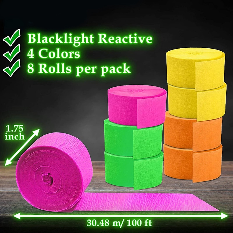 Party Ribbon Decoration-Neon Crepe Paper-Black Light Party Supplies and Accessories Fluorescent-8 Packs
