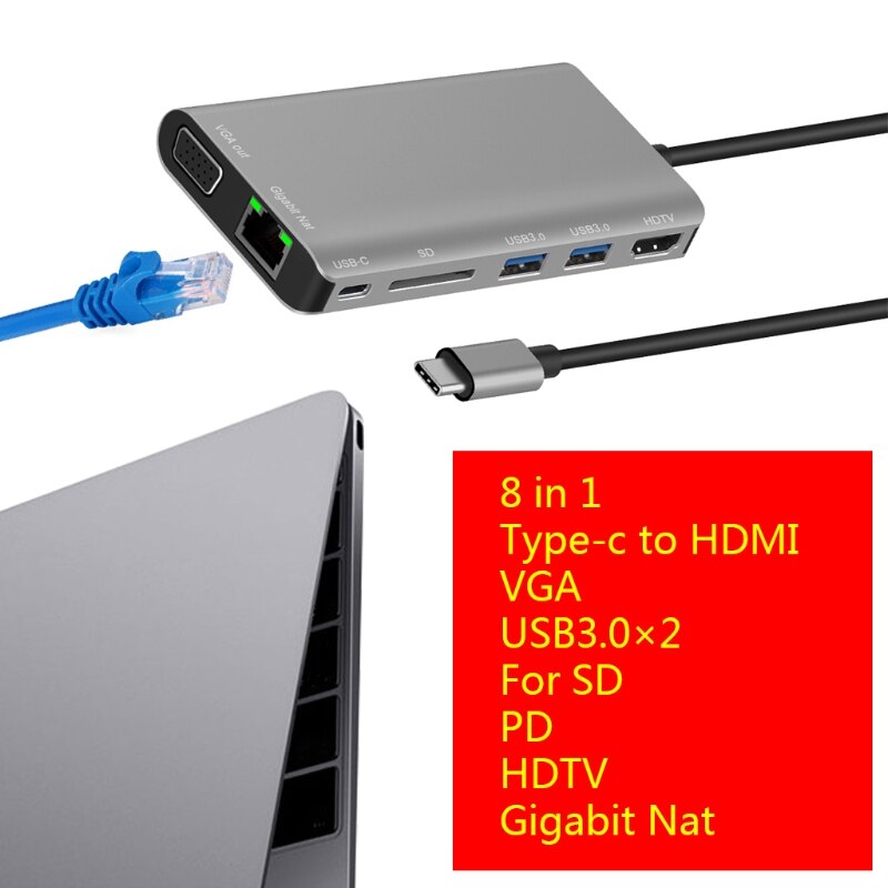 Type-C Multi-function Dock Station with USB3.0x2/SDx1 Card+RJ45+Type-c(PD) port+HDMI/VGA+JACK3.5