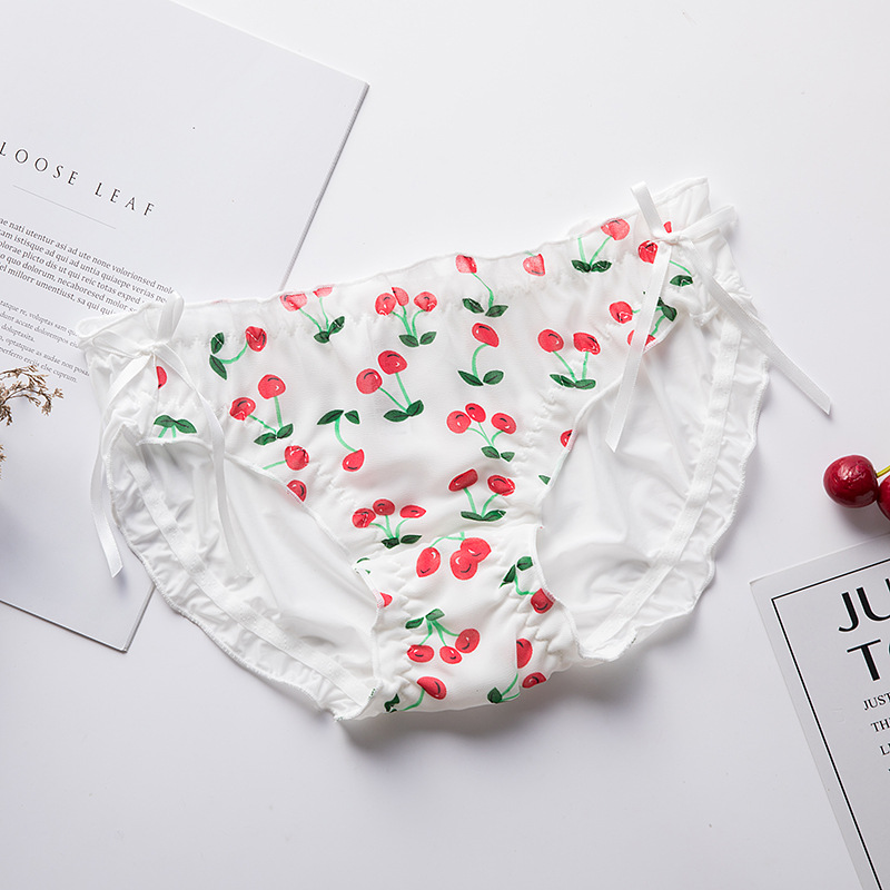 Culotte japonaise en soie glacée, produit, imprimé fraise, grand nœud, Triangle, en mousseline transparente, pour dames: 01 / M