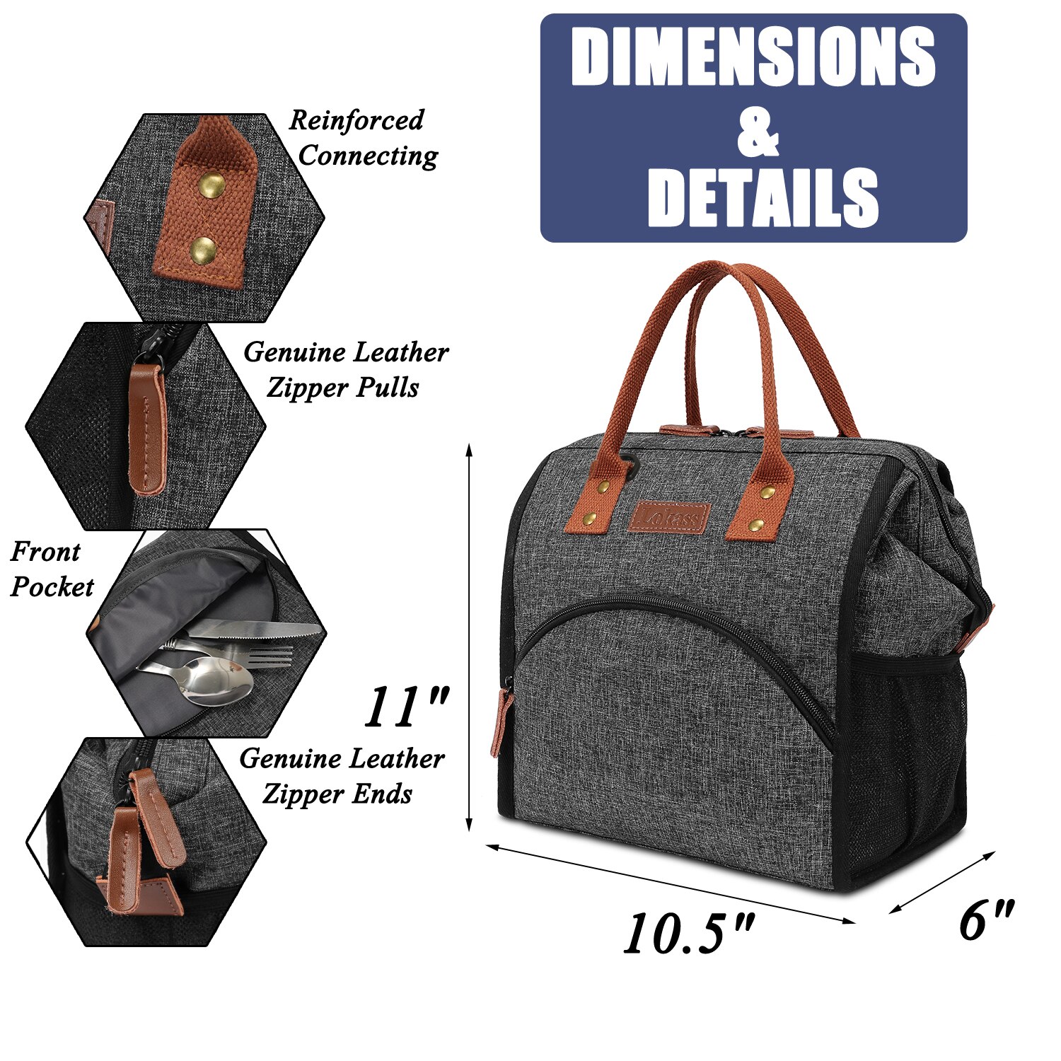 LOKASS lunch bag insulated lunch box wide open lunch tote bag large beverage rack durable nylon snack storage bag