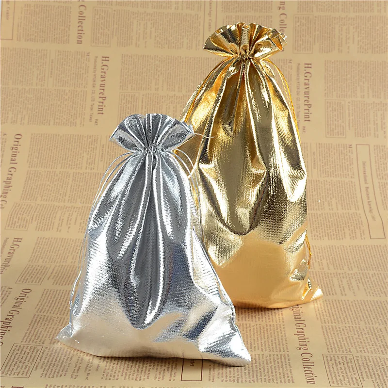 10 stks 9 Maten (5*7-20*30 cm) Bags Goud Zilver Kleur Drawable Organza Pouch Kerst Huwelijkscadeau Sieraden Craft Snoep Zakken