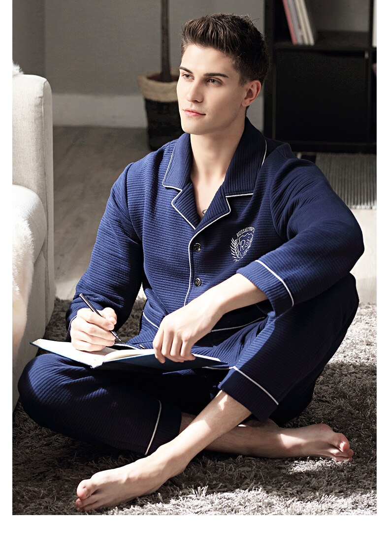 Winter Pyjama mannen Met Lange Mouwen Dikke Warm Houden 100% Katoen Drie Lagen Padded Leisure Thuis Kleding Plus Size Mannen pyjama